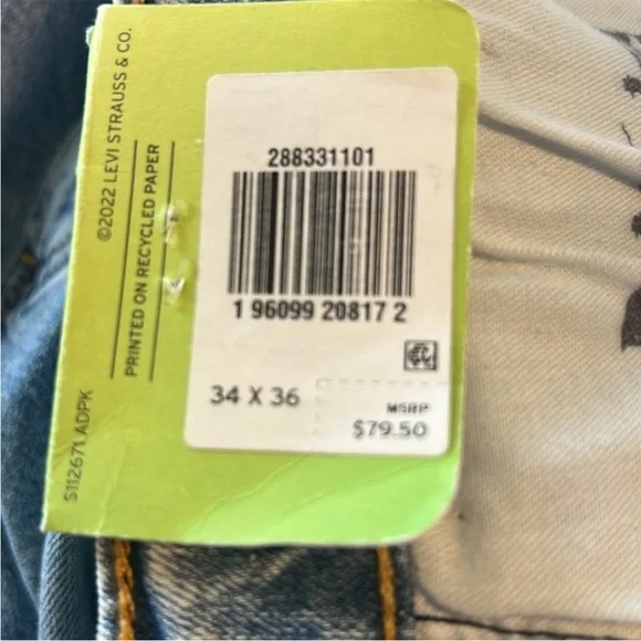 Levi's 34 x 36 Jeans 512 Slim Taper Fit Stretch Jeans zip fly NWT